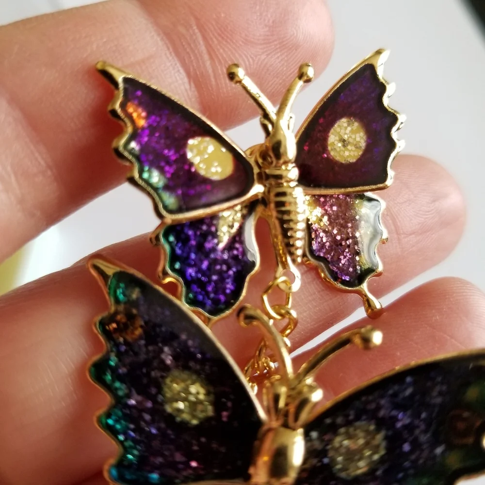 Vintage glitter butterfly brooch set New old stock Gold tone insect bug …